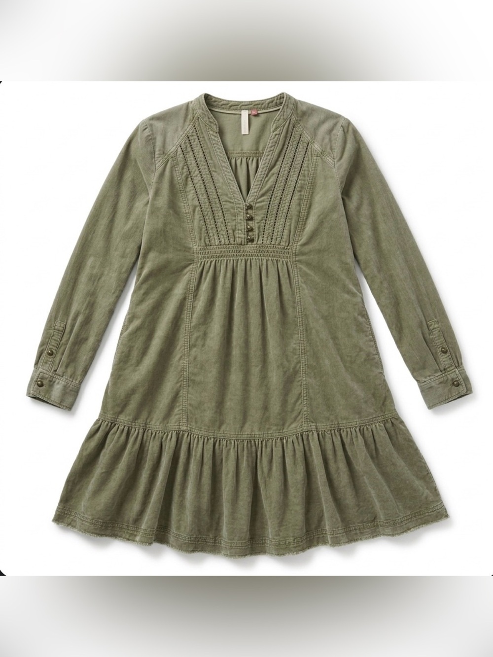 Pilcro Anthropologie Corduroy Dress XS Green A-Line Tiered V-Neck